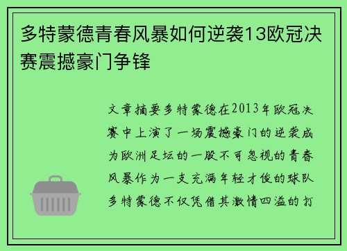 多特蒙德青春风暴如何逆袭13欧冠决赛震撼豪门争锋