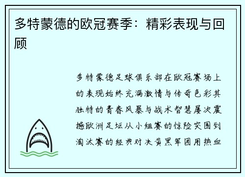 多特蒙德的欧冠赛季：精彩表现与回顾