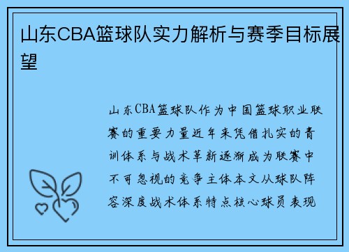 山东CBA篮球队实力解析与赛季目标展望